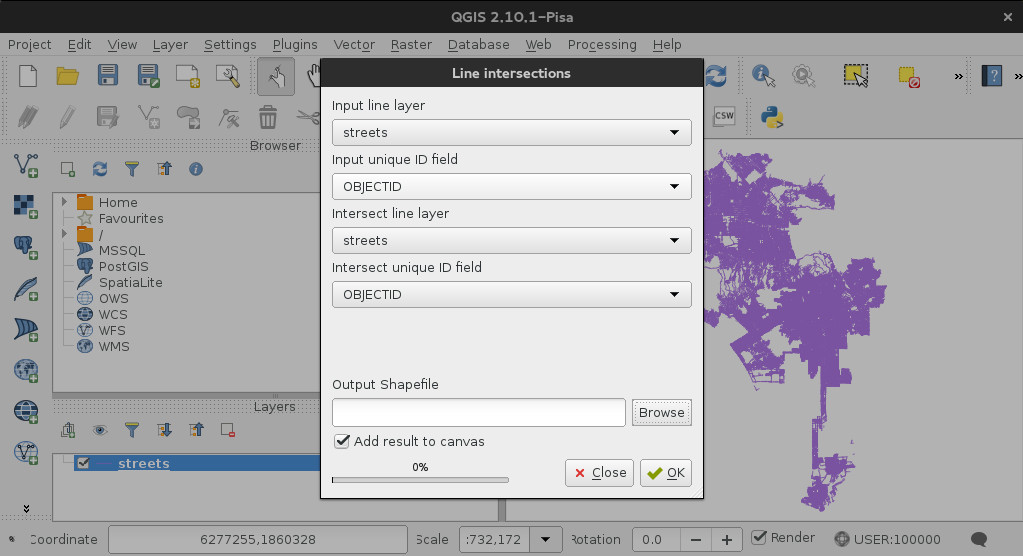 Screenshot of QGIS intersecting streets layer with itself